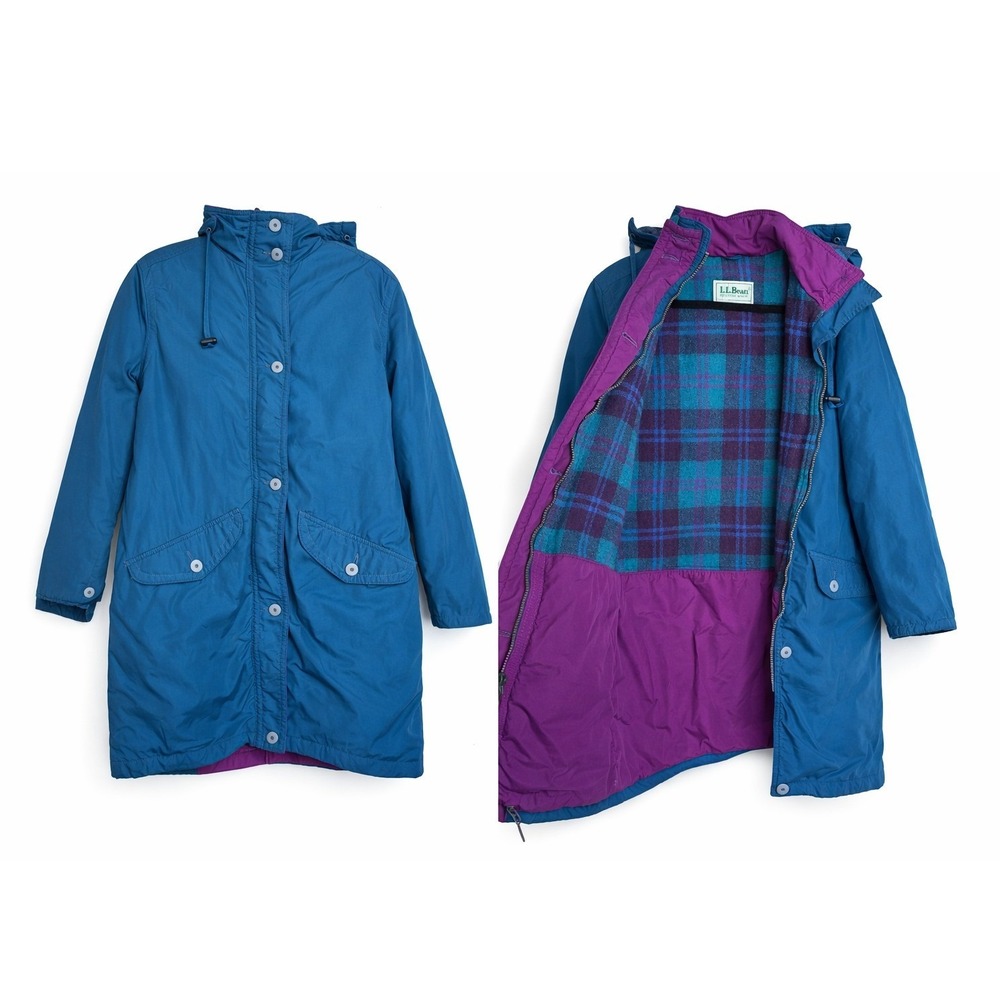 Vintage LL Bean 90s LARGE Blue Purple Blanket‎ Lined Barn Chore Coat Longline
